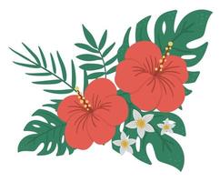 Vector tropical composition with red hibiscus, monstera, palm leaves and white flowers isolated on white background. Bright flat style exotic design element. Summer floral clip art