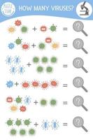 juego de matemáticas con símbolos médicos. actividad matemática de medicina para niños en edad preescolar. hoja de trabajo de conteo imprimible. Adivinanza educativa adicional con lindos elementos divertidos. vector