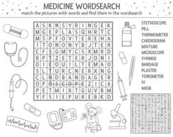 Vector health care outline wordsearch puzzle with pictures. Medicine quiz for children. Educational coloring page or crossword activity with cute medical equipment and doctor