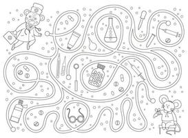 Medical outline maze for children. Preschool medicine activity. Funny puzzle game and coloring page with cute doctor bear, ill mouse, pills, med equipment. Help the doctor get to the patient.