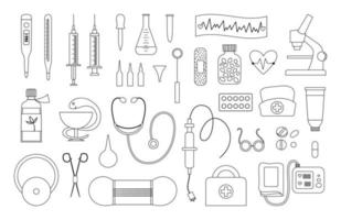 Set of vector flat medical line icons. Medicine or health insurance, research outline collection. Healthcare and laboratory equipment isolated on white background. Health check or treatment clip art