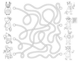 Medical outline maze for children. Preschool medicine activity. Funny puzzle game with cute ill patients and doctors. Coloring page for kids. Who can help the animals vector
