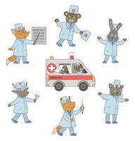 conjunto de médicos de animales vectoriales con camión de ambulancia. lindos personajes divertidos y furgoneta especial de transporte de emergencia. imagen médica para niños. iconos de hospital aislado sobre fondo blanco vector