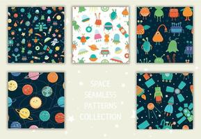 Vector collection of space seamless patterns. Bright and cheerful repeat backgrounds with planets, stars, space technics, aliens, satellite, moon, sun, asteroid, astronaut, UFO