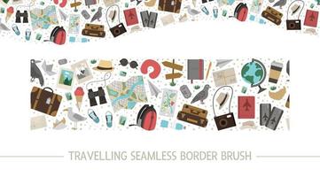 Vector seamless pattern brush with flat travelling objects. Journey elements border background. Travel or vacation elements horizontal digital paper.