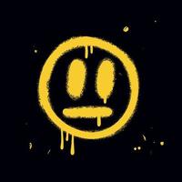 Urban graffiti concept - yellow scary sick face emoticon sprayed with drops ans splashes isolated on black background. Textured hand drawn vector illustration of street wall art.