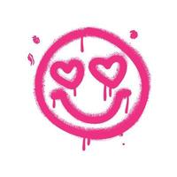 Girlish Graffiti emoticon. Pink smiling face painted by spray paint. Emoji with heart shaped eyes. Vector hand drawn grunge illustration