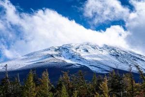 cierra la cima de la montaña fuji con cubierta de nieve y viento en la cima con podría en japón.