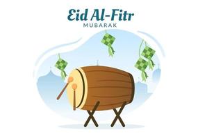 Happy Eid ul-Fitr Mubarak Illustration. Cute Cartoon of Kids Playing Bedug or Drum to Celebrate in Flat Style Background vector