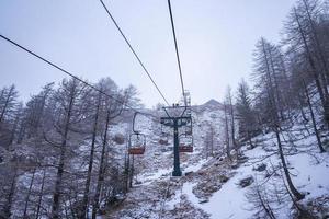 Empty chair ski lift amidst snow covered pine trees forest photo