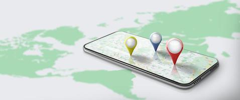 aplicación del mapa de navegación gps en el teléfono inteligente con puntos rojos, azules y amarillos. foto