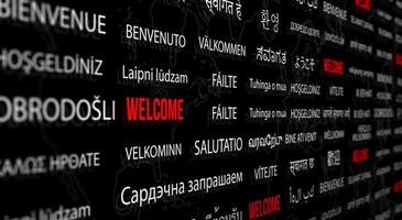 Welcome in different language with world map background. photo