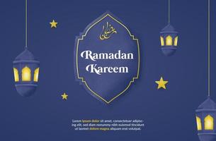 plantilla de tarjeta de felicitación ramadan kareem con linternas y estrellas aisladas en fondo azul oscuro vector