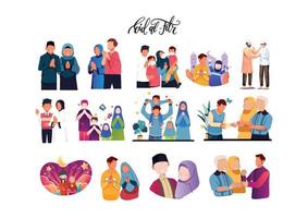 set template happy Eid mubarak flat cartoon character family illustration vector