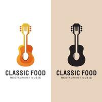 restaurant food with classic music song logo. dinner with music logo design vector template