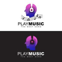 headphone with people play music logo concept. playing best music logo. music man human head logo design vector template
