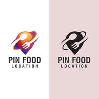 diseño del logotipo de la ubicación de la comida, con el concepto de un tenedor y una cuchara de viento de alfiler