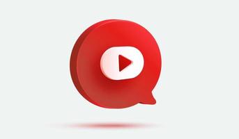 burbuja de mensaje rojo con botón de reproducción de vídeo icono de vector 3d. signo de reproductor multimedia o símbolo de suscripción