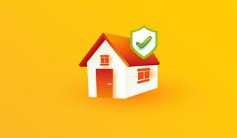 icono de inicio con escudo e icono de marca de verificación aislado sobre fondo amarillo. símbolo de seguridad de la casa. concepto de seguro estilo de ilustración de vector 3d.