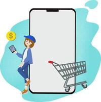 concepto de pago electrónico de comercio electrónico de carácter de diseño plano. dibujos animados de ilustración vectorial aislado sobre fondo blanco. smartphone de tienda de mercado móvil con carrito. la gente compra web digital en línea. vector