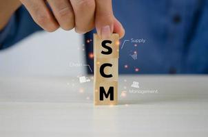 Hand put wooden cubes SCM Supply Chain Management .Business marketing Concept photo