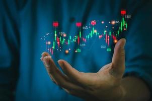 Finance and business investment concept. Stock and crypto investment funds.Businessman analyzing or trading Forex graphs of financial data candlestick chart. photo