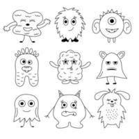 pequeño y lindo juego de monstruos garabatos. diferentes emociones faciales. vector