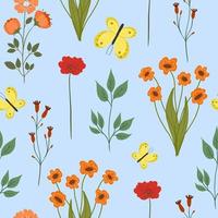 Seamless flower pattern. Bright floral background with blossoms and blooms print. Colored flat vector illustration for textile. Repeating texture design.