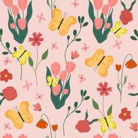 Seamless flower pattern. Bright floral background with blossoms and blooms print. Colored flat vector illustration for textile. Repeating texture design.