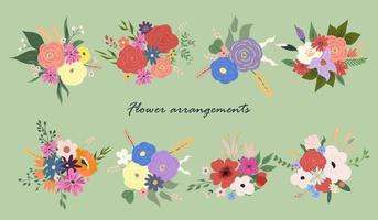 Collection flower arrangements. Flowers bouquets with cut blooms and leaves. Spring floral gift with blossomed plants. Gorgeous romantic bunch. Colored flat vector illustration of modern showy posy.