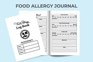 interior del cuaderno de alergia alimentaria. rutina diaria de alimentos y plantilla de diario del verificador de síntomas de alergia. interior de un cuaderno de bitácora. cuaderno de medicamentos para alergias alimentarias y diario de seguimiento del dolor. vector