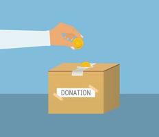 Donation box with gold coin vector. Man giving charity to a donation box. Raising funds for poor people concept. Donation box with a man hand donating money. Charity funds rising with gold coins. vector