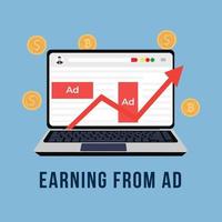 Earning from advertisements on websites or social media platforms concept. Earning from ads concept with a laptop vector. Online earning from websites or mobile applications by ads. vector