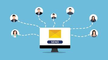 Office email communication system vector. Sending an email to friends concept. Business communication with a laptop vector. Office information transfer method. Social media connection in computer. vector