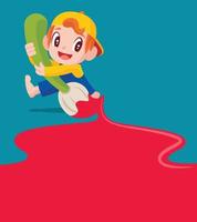 Happy cute little kid boy holding big art brush with paint dripping out on floor vector