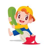 Happy cute little kid boy with cap running and holding big art brush vector