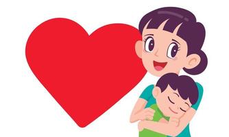 Cartoon mother hugging baby in arm with empty love shape signboard vector