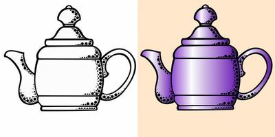 Set of decorative teapots, monochrome illustration and color vector