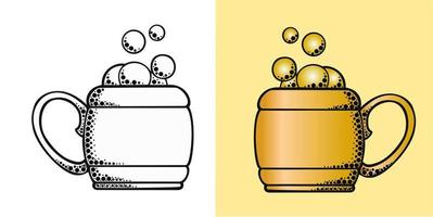 Set of illustrations, yellow decorative mug with foam drink, monochrome drawing vector