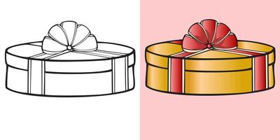 Set of illustrations, round orange gift box with red ribbon color and monochrome vector