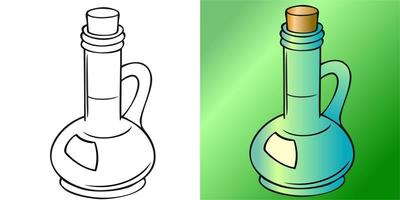 A set of illustrations, a color and monochrome image of a cartoon glass bottle with a stopper and a handle for oil vector