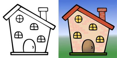 A set of illustrations, color and monochrome image of a cartoon house vector