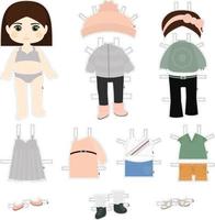 Paper doll. Brunette with bob in multiple outfits vector