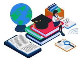 Female student reading ebook and sit on big graduation hat, isometric e-learning illustration concept. Female with smartphone, books, globe, magnifying glass, worksheet. Vector