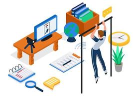 Male student recording himself when doing pull up exercise. isometric e-learning illustration concept. Sale doing exercise in front of camera device. Vector