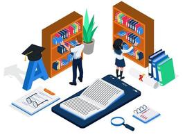 Group of students choosing books online at book shelves, isometric elearning activity. group of people with bookshelf, smartphone device, graduation hat, books, magnifying glass, Vector