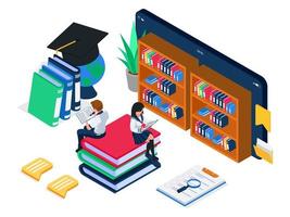 Student reading book in online library on smarhphone, e-learning illustration concept. Male and Female do online learning together. Vector