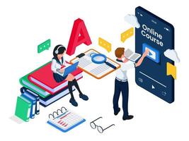 Group of students accessing learning videos on smartphone, isometric online learning illustration concept. People watch learning video course at cell phone device. Vector
