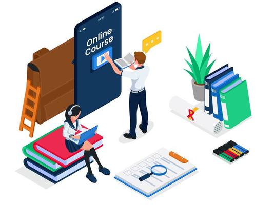 Group of students accessing learning videos on smartphone, isometric online learning illustration concept. People watch learning video course at device. Vector