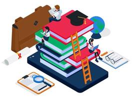 Group of students doing online education learning together and sit on big books composition. Isometric e-learning illustration concept. Group of people reading book, audiobook, chairs, glasses, Vector